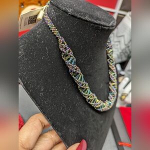Green Iridescent Beaded DNA Helix Necklace 24 Inches
